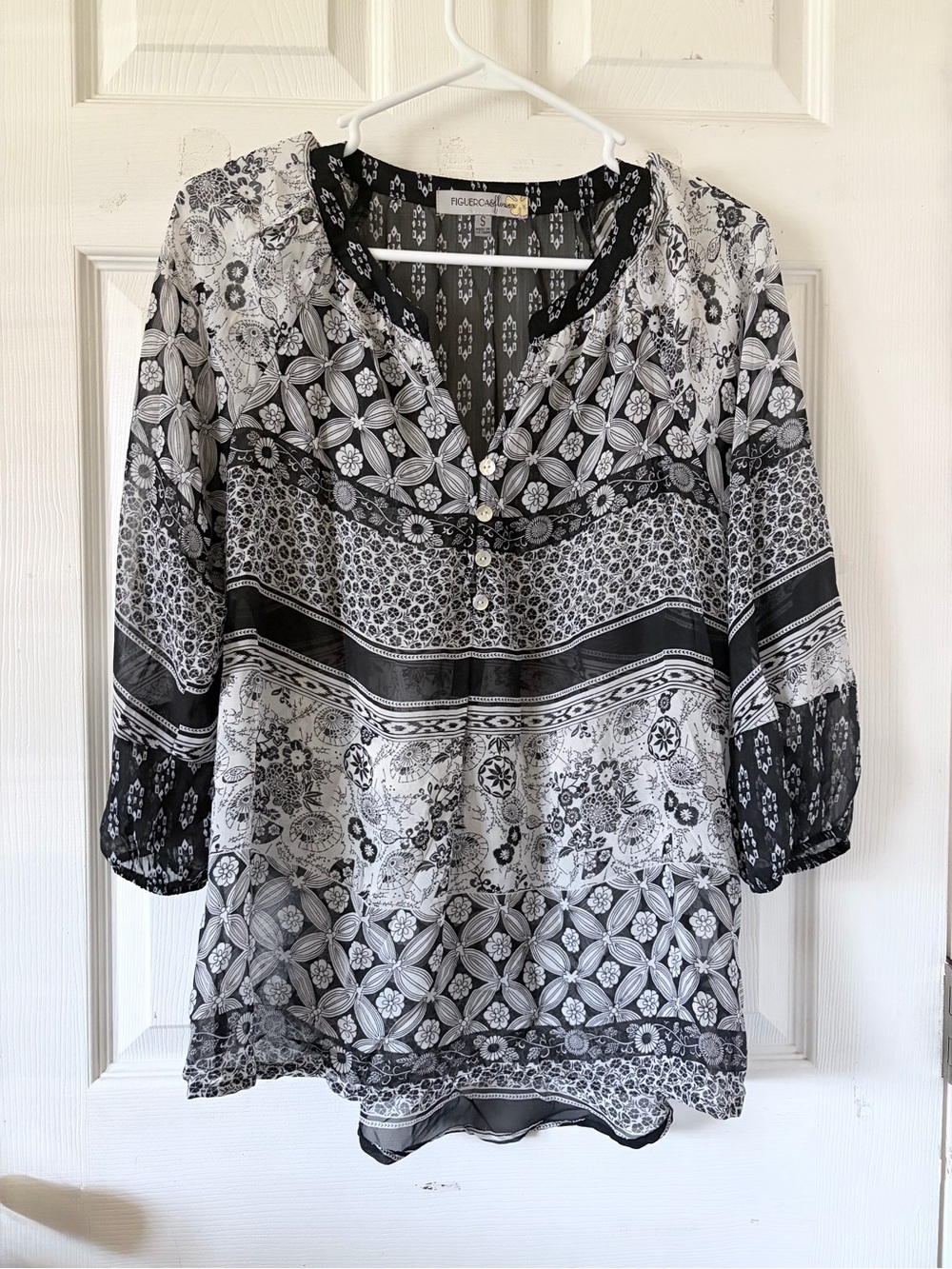Figueroa & Flower Floral-Print semi-Sheer tunic Black/White balloon sleeves Sz S